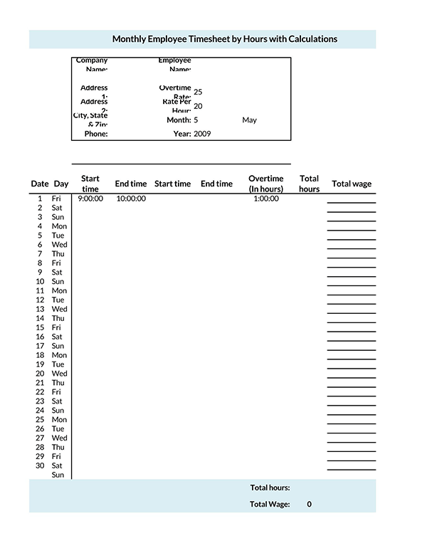 Free Editable Monthly Employee Timesheet Template 01 in Excel Format