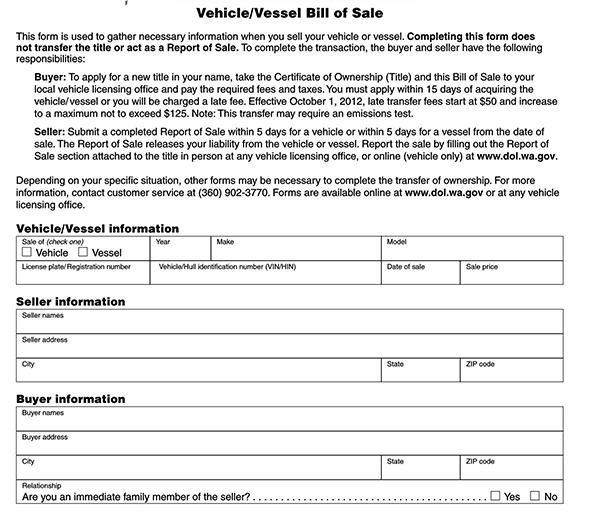 Fillable Car Bill of Sale Form