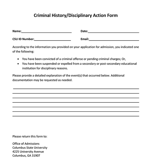 Free Downloadable Criminal History Disciplinary Action Form as Pdf File