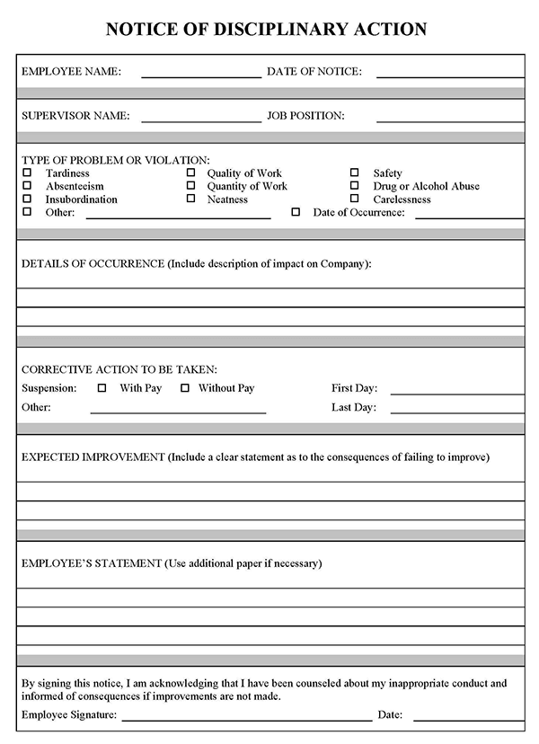 Professional Editable Notice of Disciplinary Action Form 01 for Pdf Format