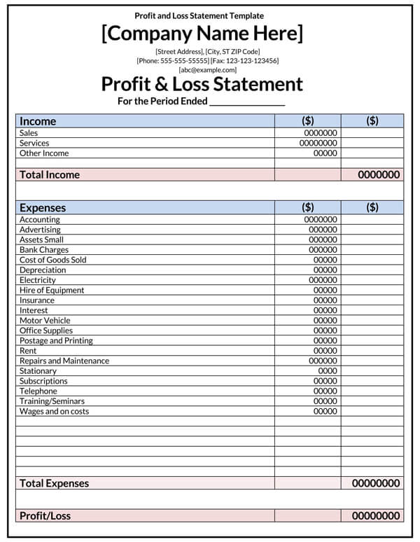 Download Free Profit and Loss Statement in Word