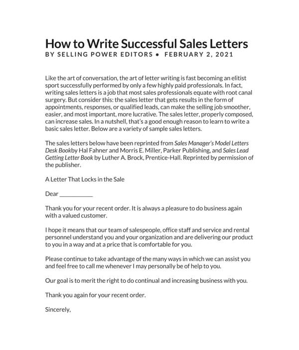 Professional Printable Sales Letter Guide Sample 02 for Word Document