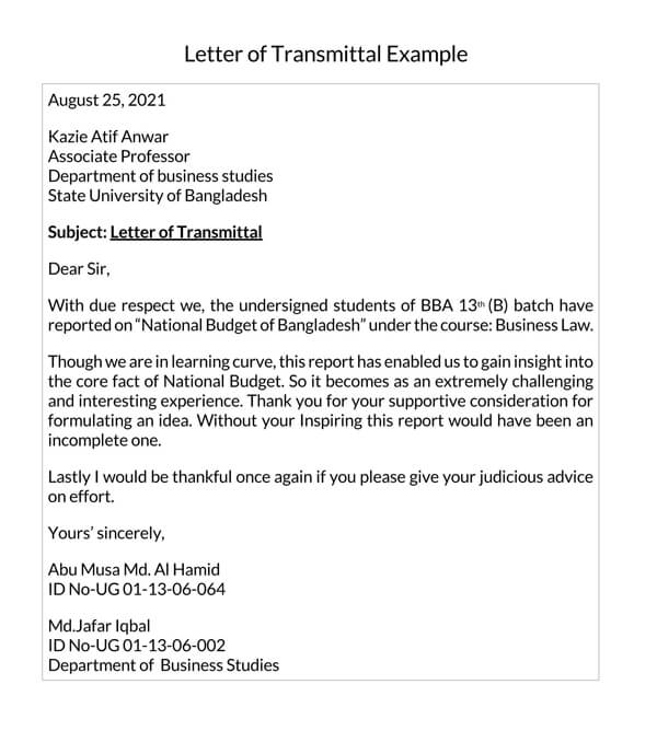 printable letter of transmittal