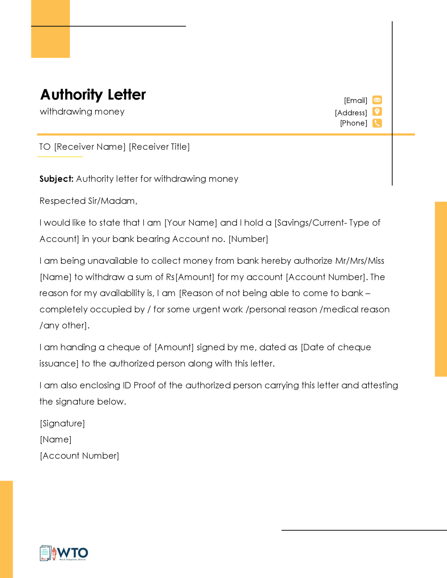 Editable Authorization Letter Sample to Withdraw Money in Bank