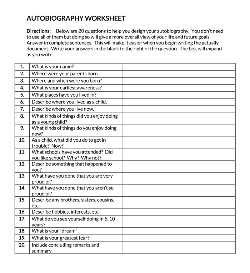 Autobiography Worksheet