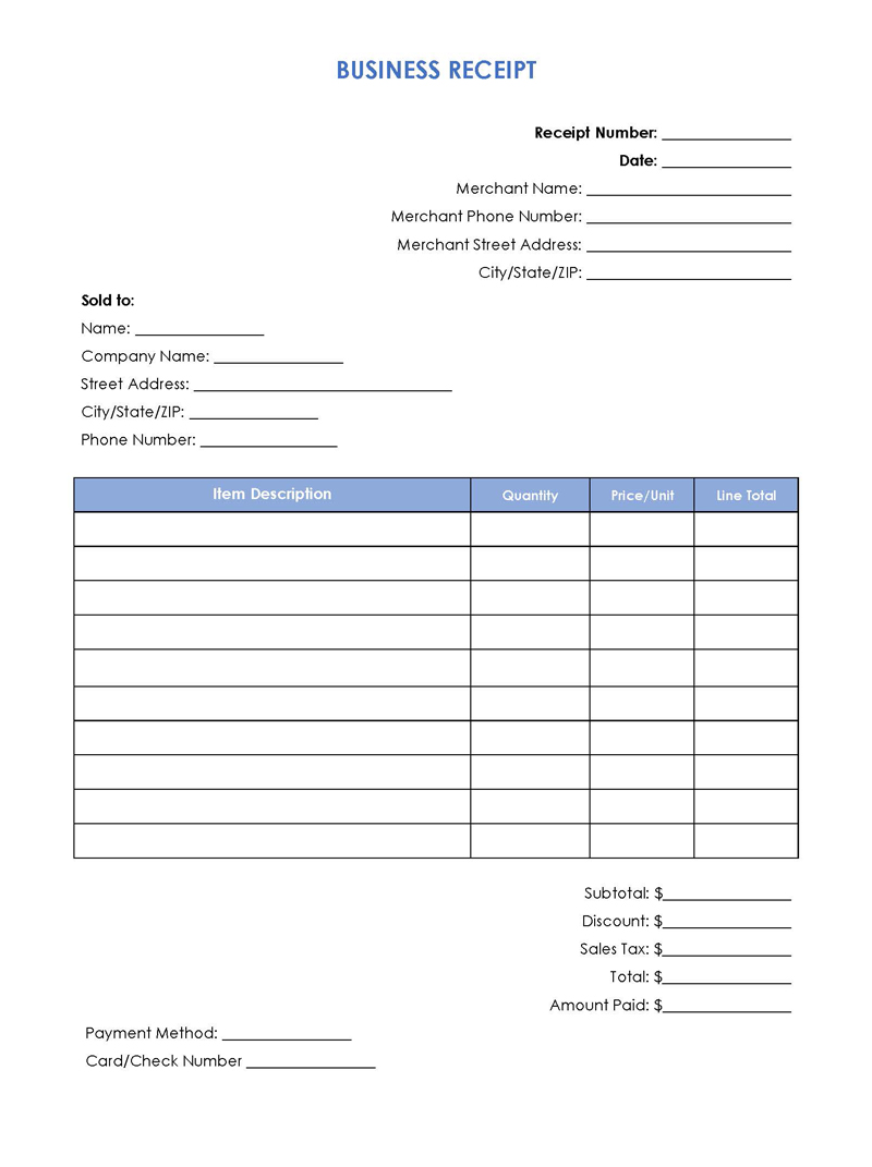Free Printable General Business Receipt Template 01 as Word File