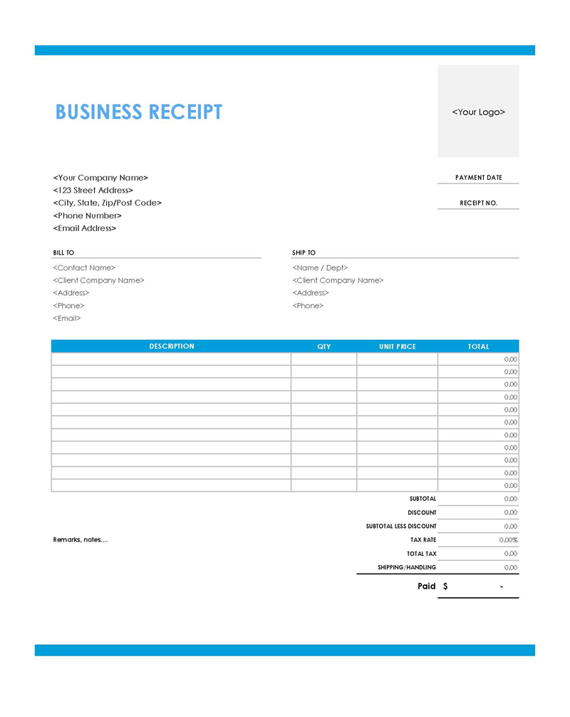 Free Downloadable Business Receipt Invoice Template 01 as Excel Sheet