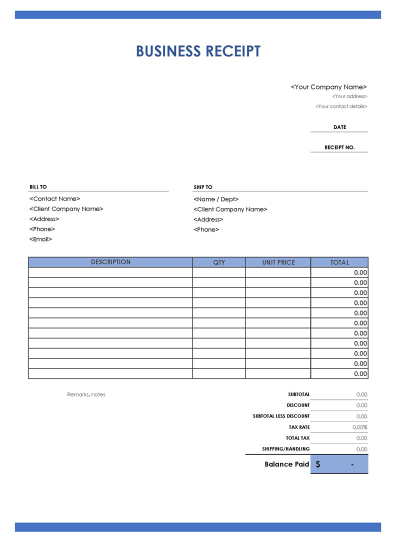 Free Downloadable Business Receipt Invoice Template 02 as Excel Sheet