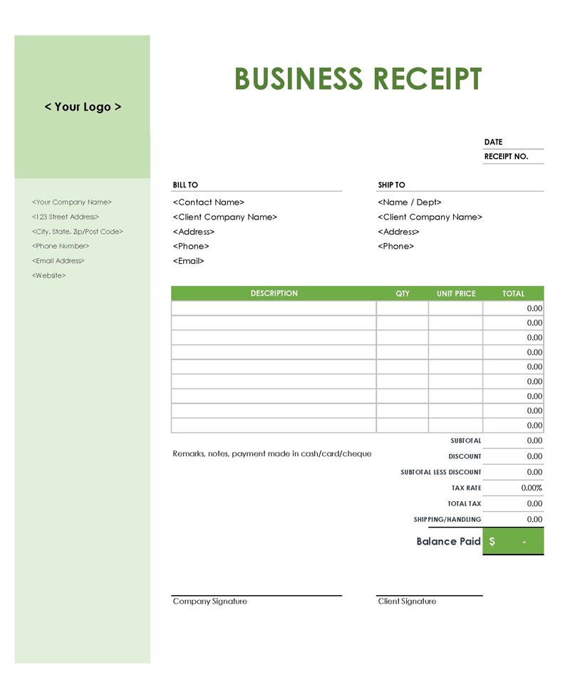Professional Editable Business Receipt with Company Logo Invoice Template 01 as Excel Sheet