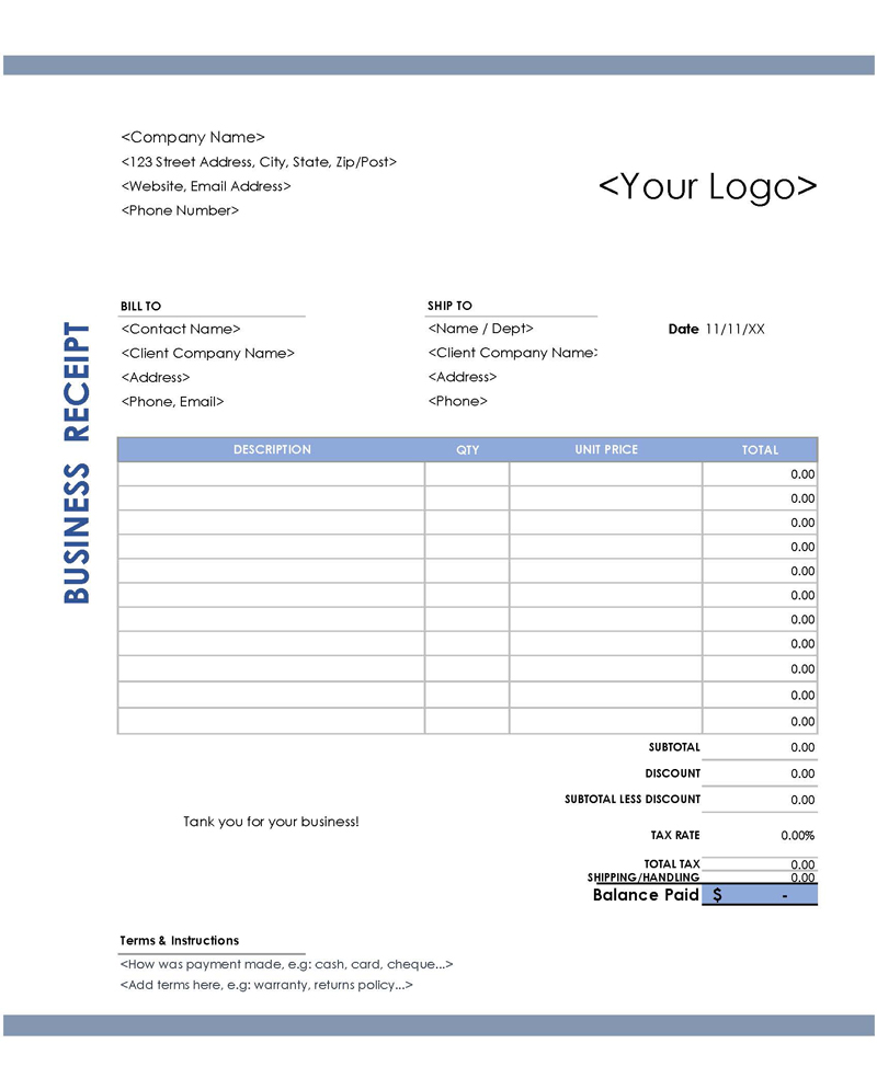 Professional Editable Business Receipt with Company Logo Invoice Template 02 as Excel Sheet