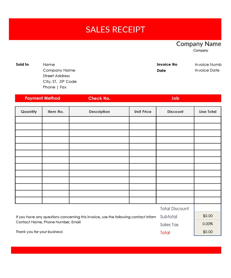 Free Customizable Business Sales Receipt Template 01 for Excel Format