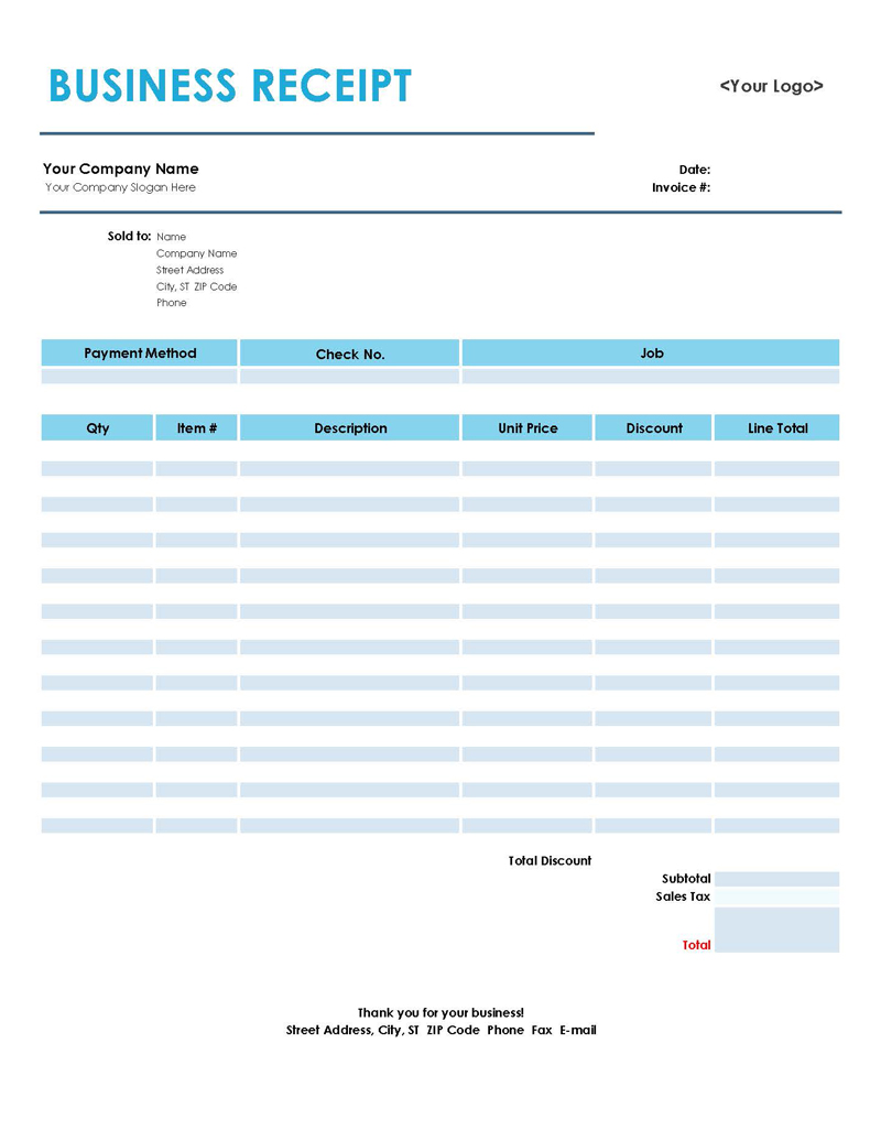 Free Customizable Business Sales Receipt Template 02 for Excel Format
