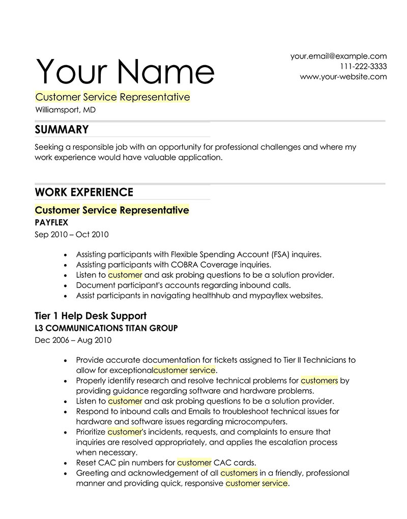 Printable Customer Service Resume Form