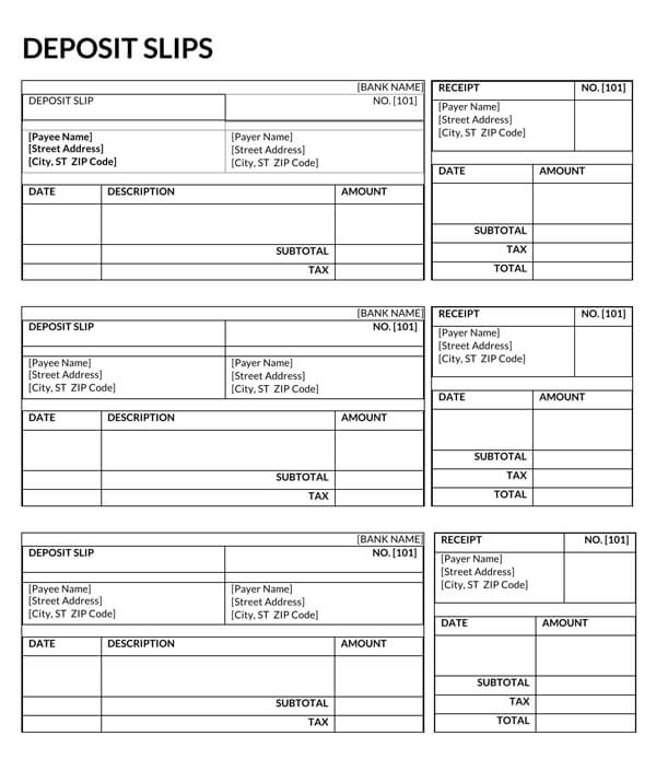 Blank Printable Deposit Slip Sample 01 as Word Document