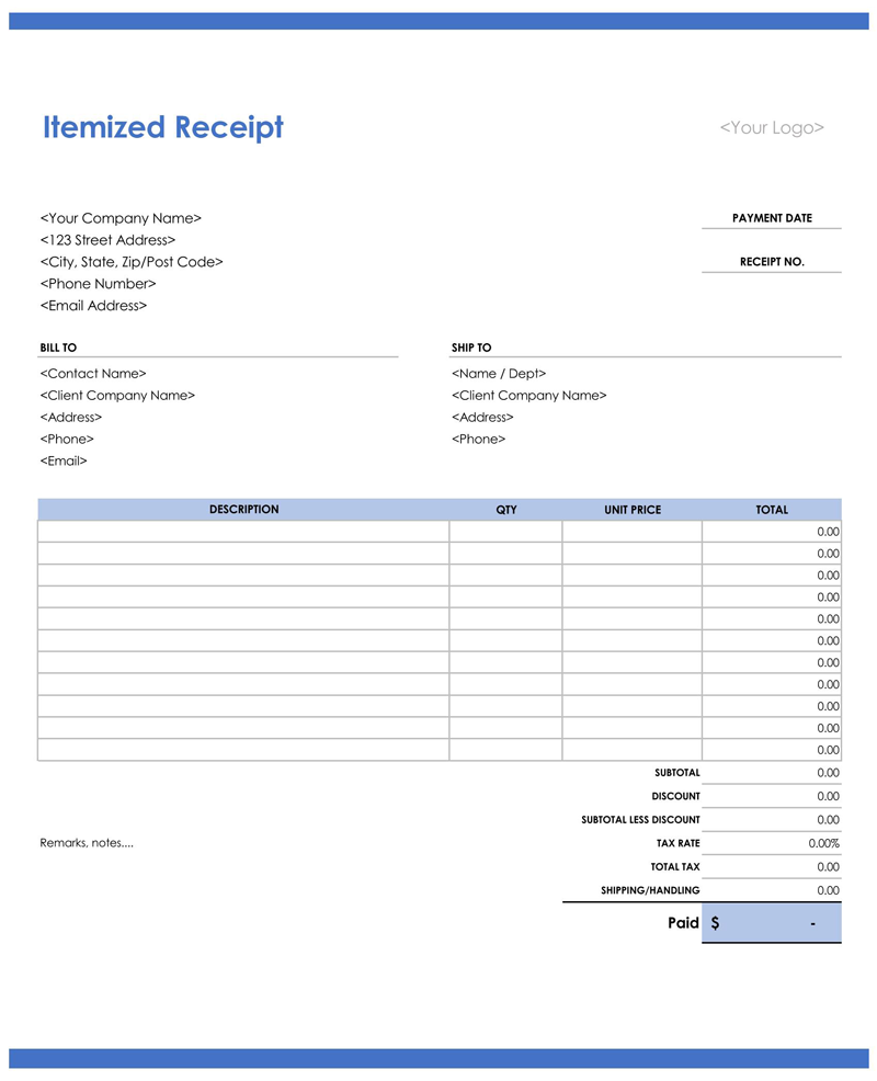 Editable Itemized Receipt 05 for Excel