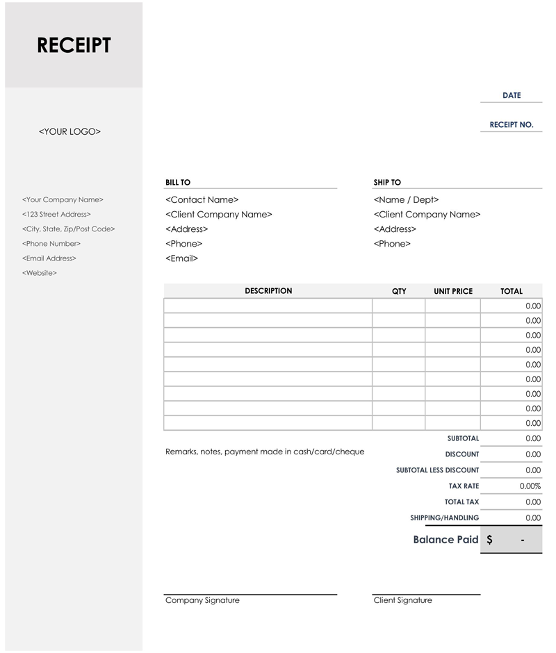 Editable Itemized Receipt 07 for Excel