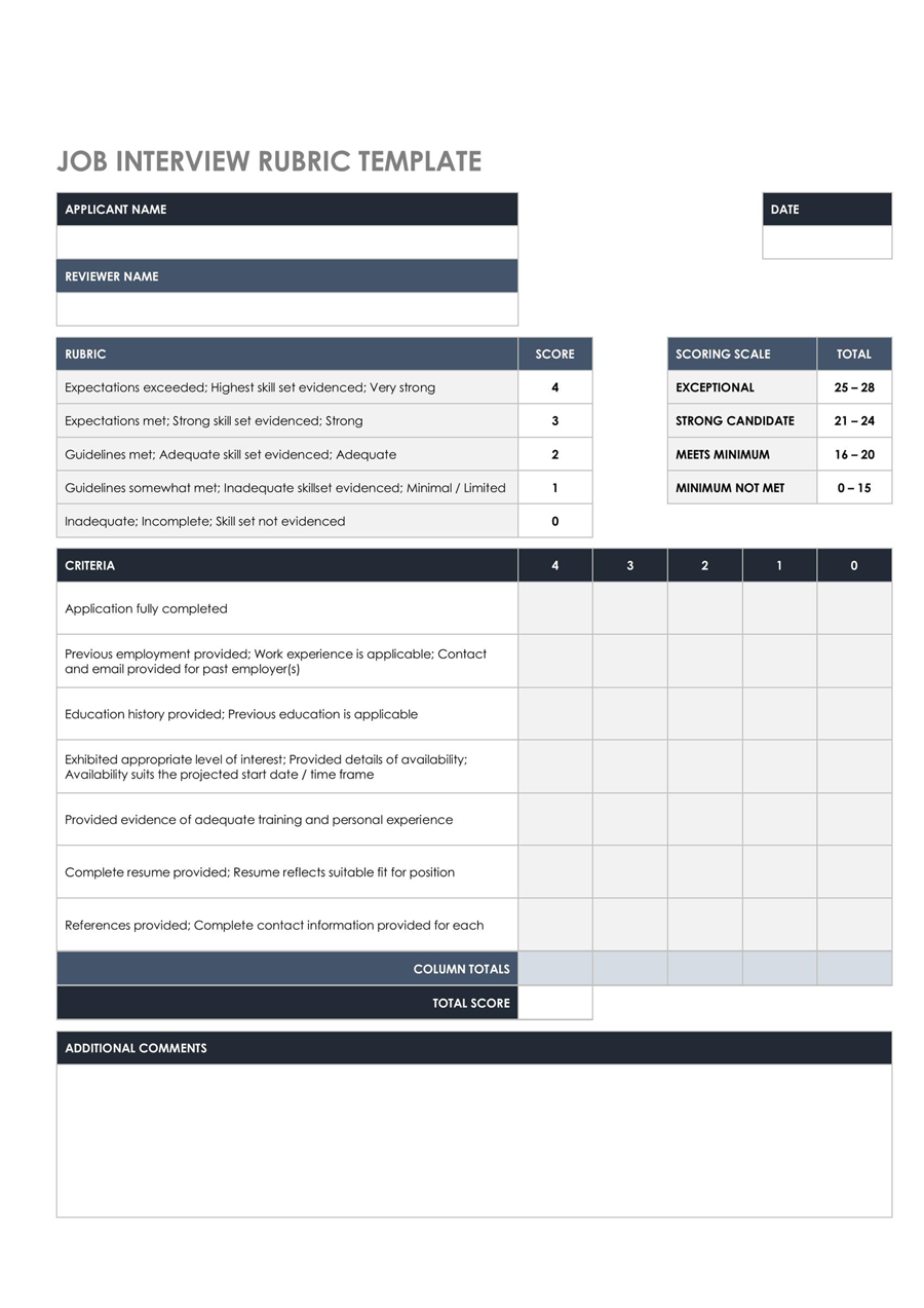 Printable Job Interview Rubric Template - Sample Design