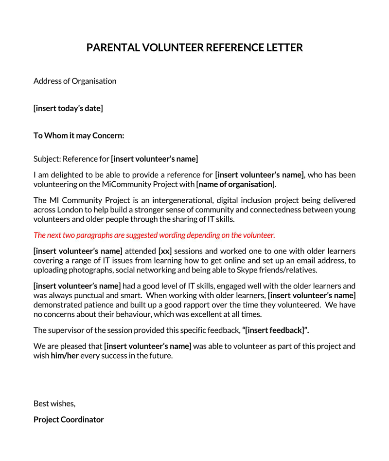 Parental Volunteer Reference Letter