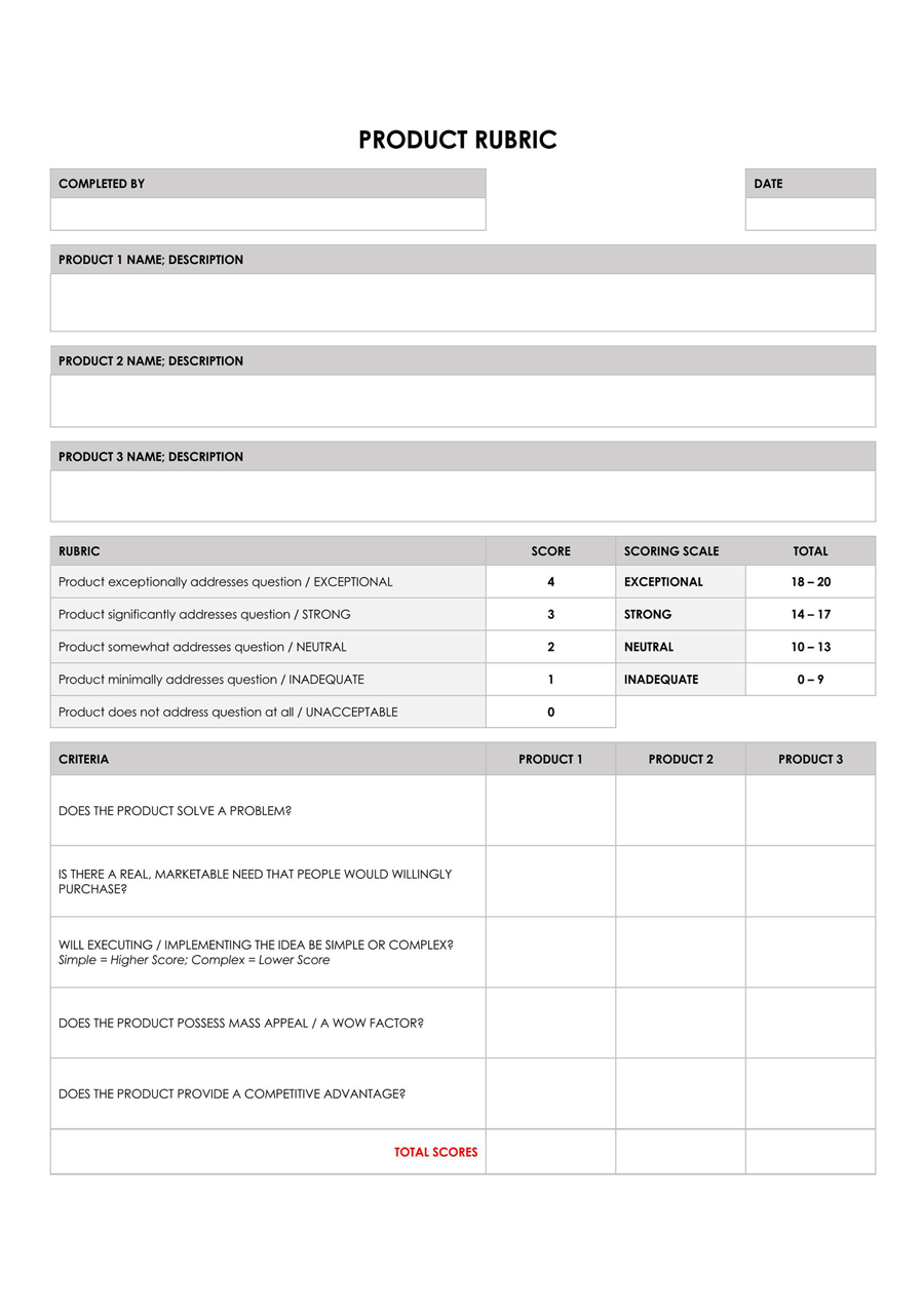 Product Rubric Template - Downloadable Example
