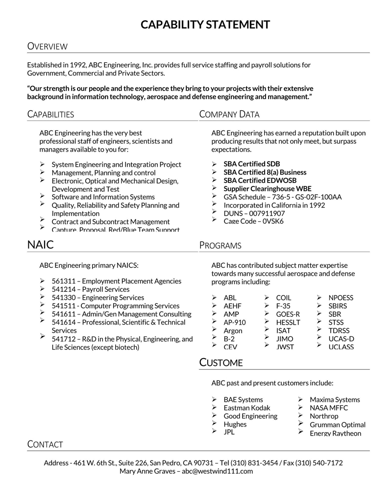 Printable capability statement template with Example 20