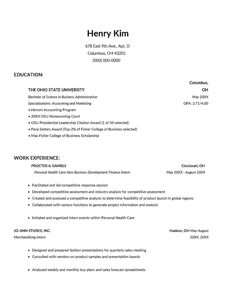 Free Sample College Resume Template for Students