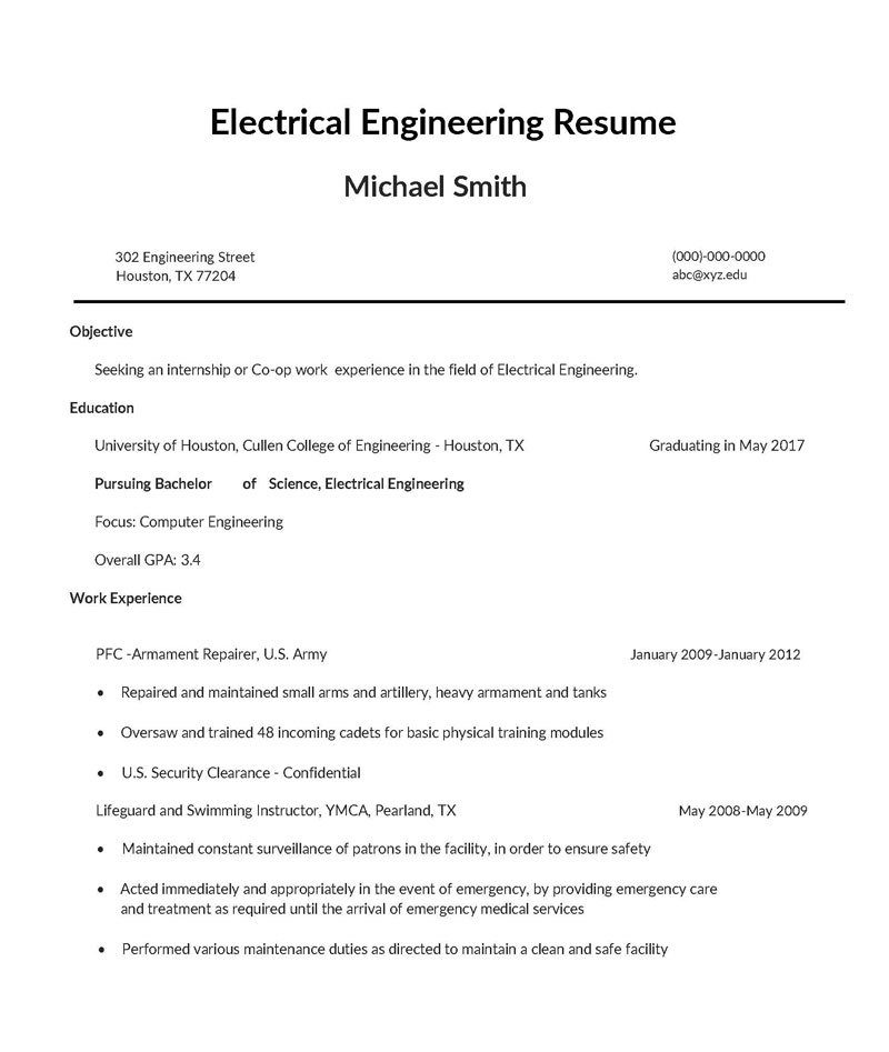 Great Printable Electrical Engineer College Student Resume Template as Word File