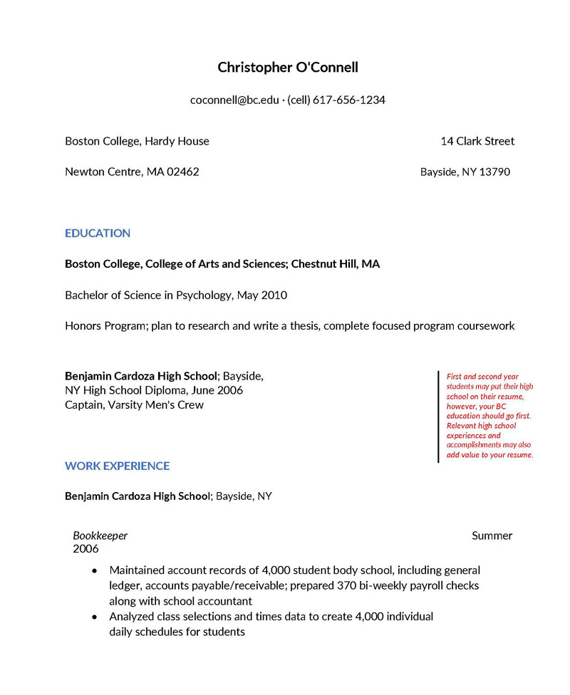 Example Student Resume Template for College