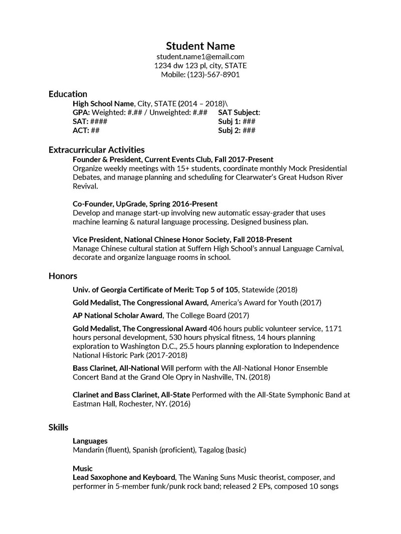 Printable Student Resume Template Example