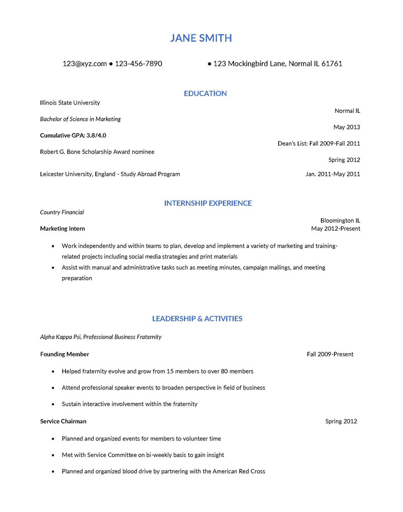 Sample College Resume Template for Students
