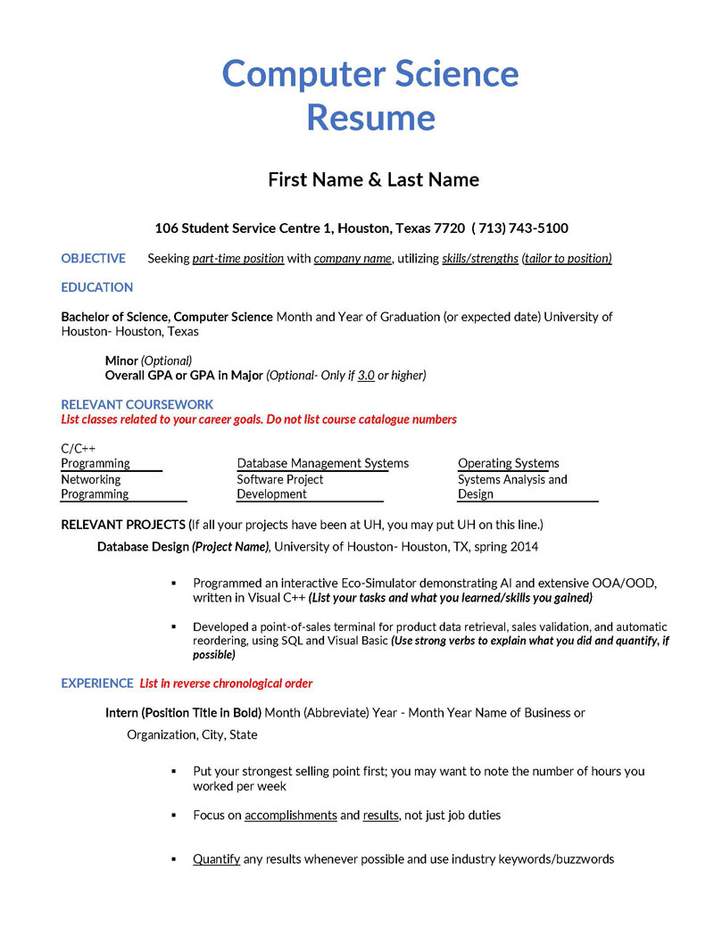 Printable Computer Science College Resume Template PDF
