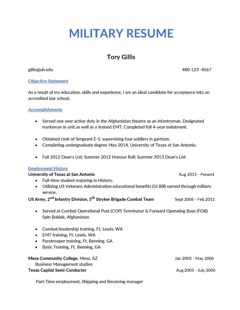 Editable Military Resume Template for College Students