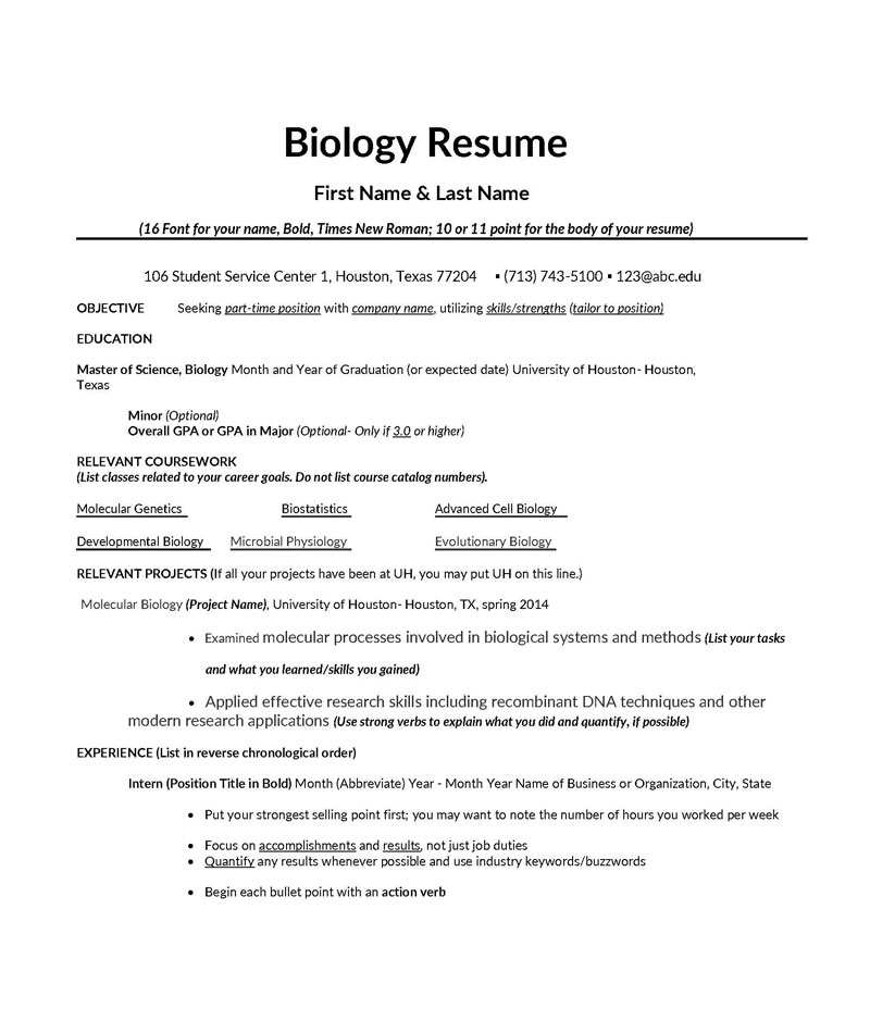Free Editable Biology College Resume Template Sample