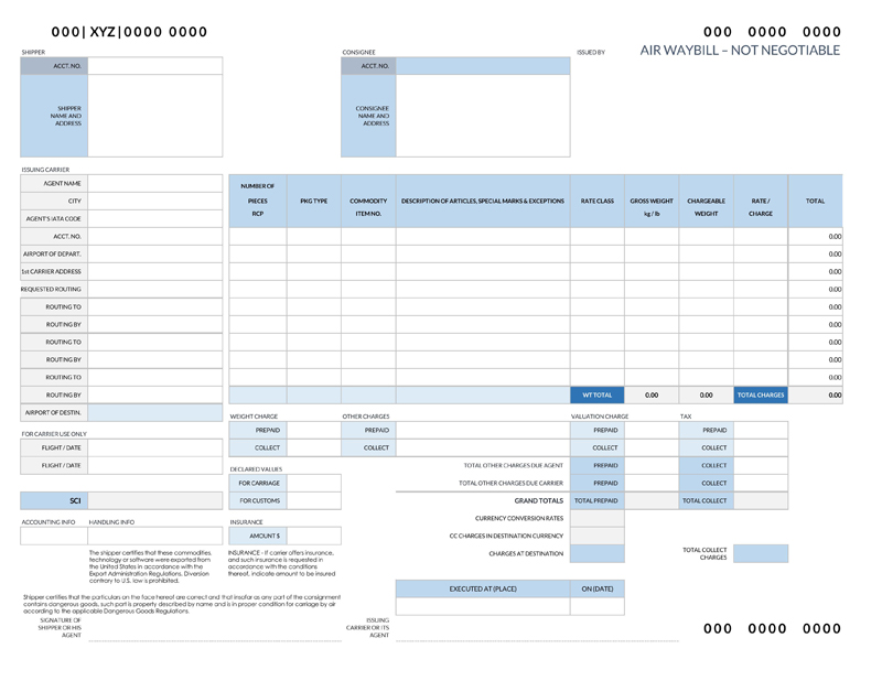 Free Printable Airway Bill of Lading Template 01 as Excel Sheet