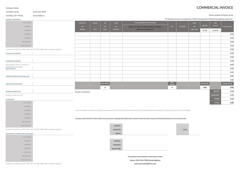 Free Downloadable Commercial Invoice Template 01 in Excel Format