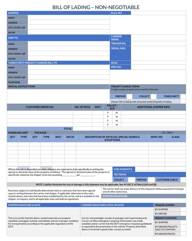 Great Downloadable Non-Negotiable Bill of Lading Template 01 in Word Format