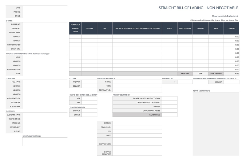 Free Printable Straight Bill of Lading Template 01 in Excel Format