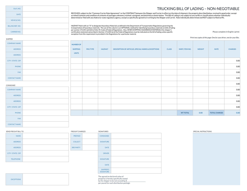 Free Printable Trucking Bill of Lading Template 01 in Excel Format