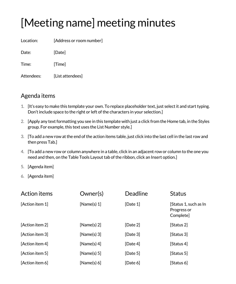 minutes of meeting template with action items