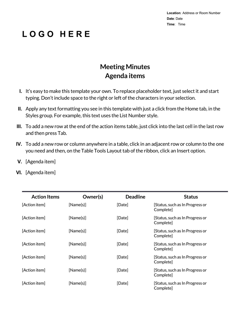 formal meeting minutes template