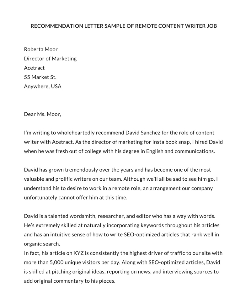Free Recommendation Letter Content Writer Job