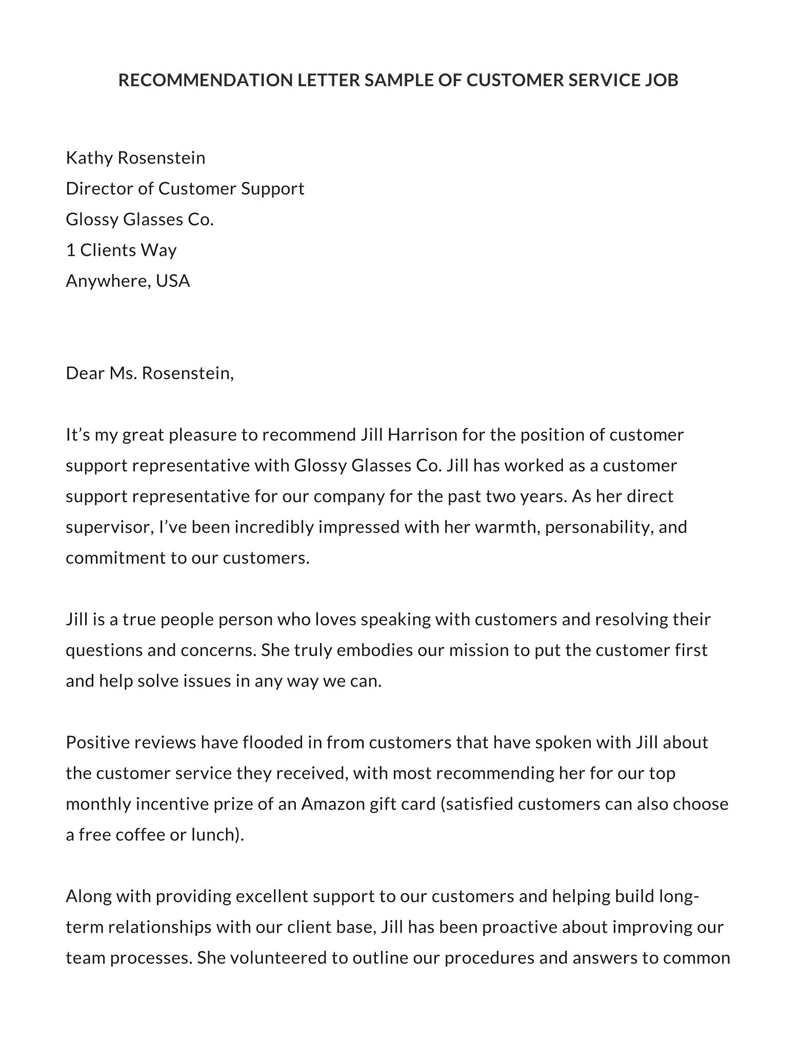 Recommendation letter sample of Customer service job free