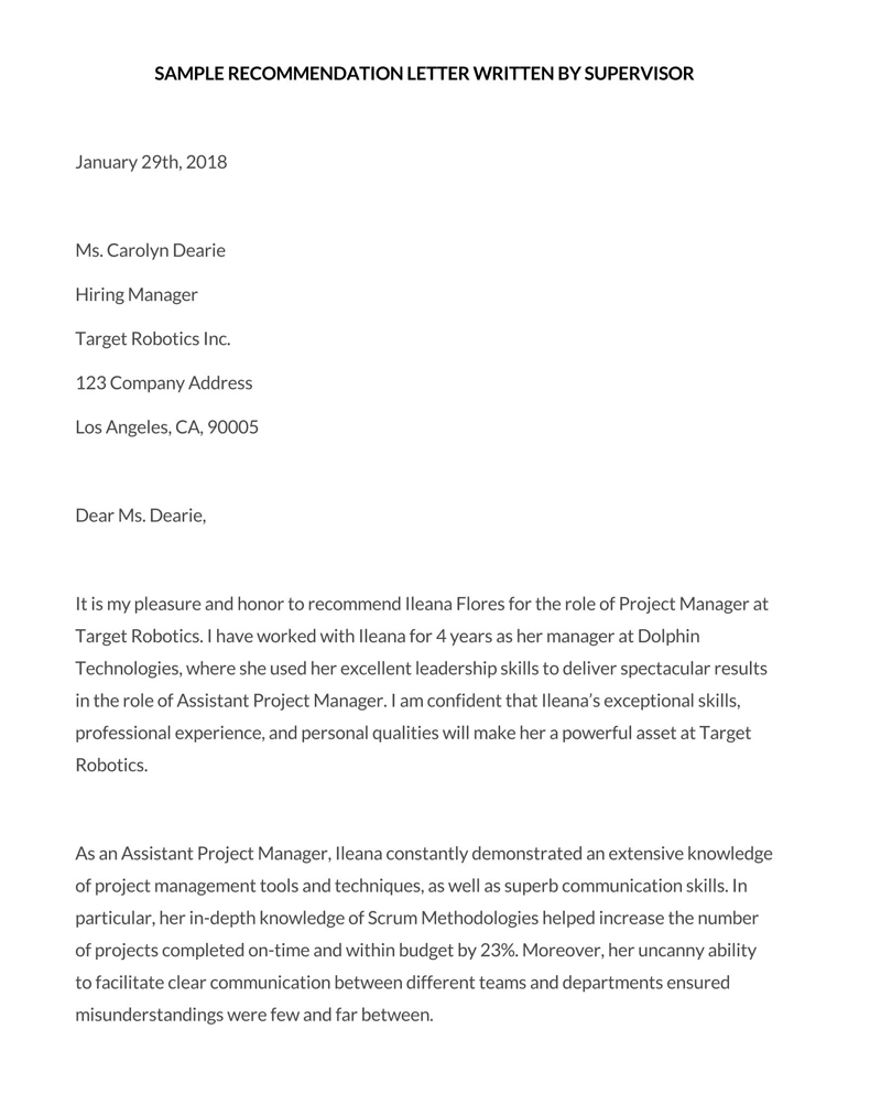 Recommendation Letter Written by Supervisor free word doc