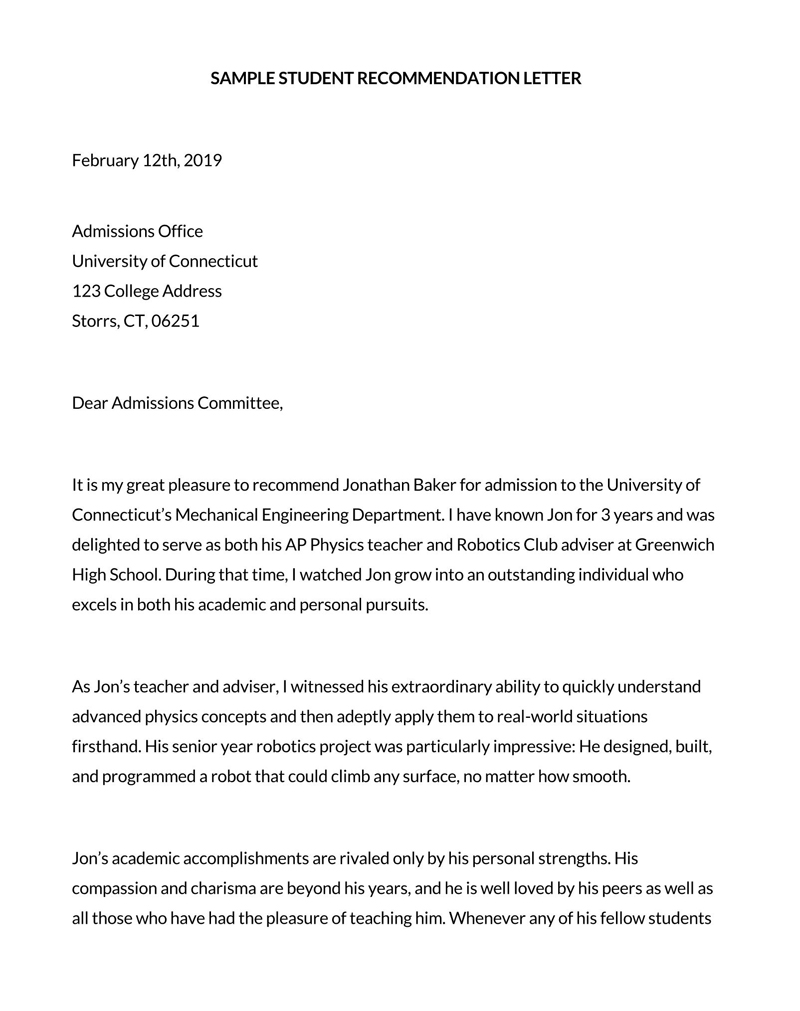 Editable Student letter of recommendation Example