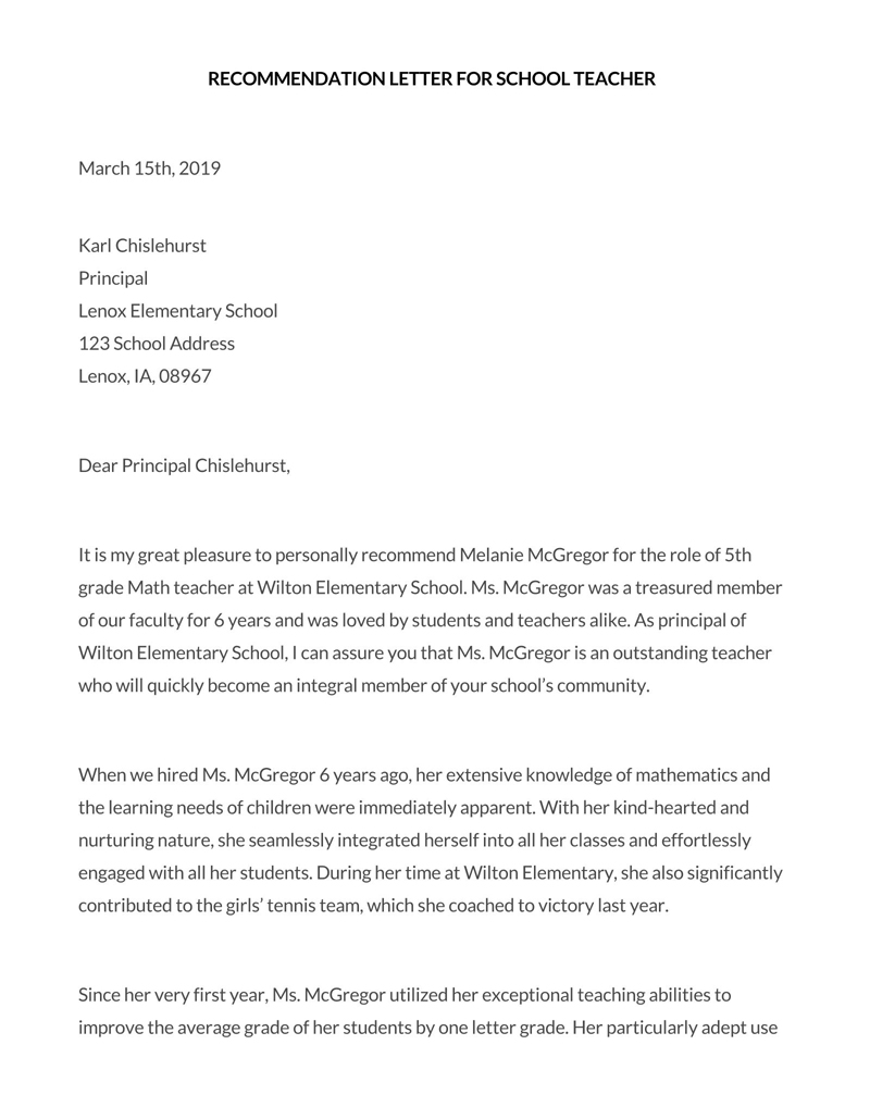 Free Teacher Recommendation Letter Sample