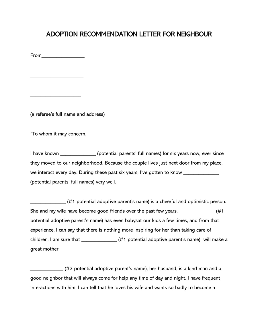 Adoption Recommendation Letter for Neighbor