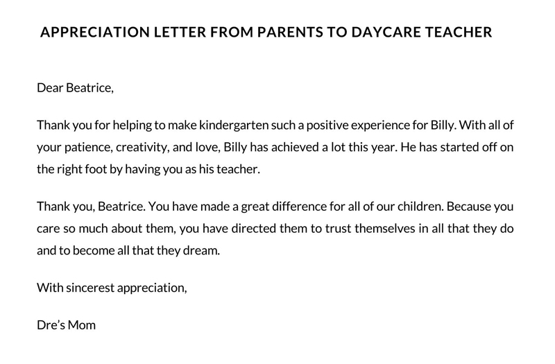 Free Appreciation from Parents to Daycare Teacher Template