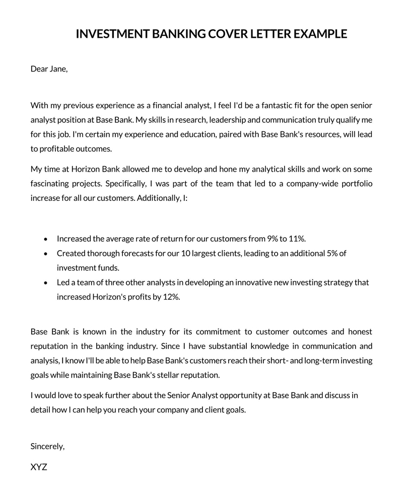 investment banking cover letter with no experience