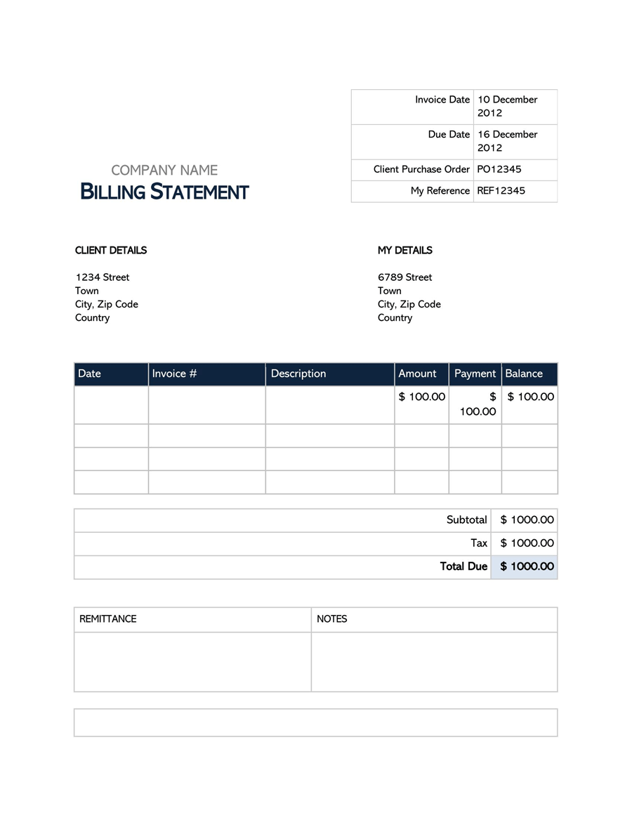 Free Printable Company Billing Statement Template 01 as Word Document