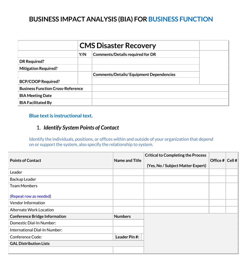 Free Editable Business Impact Analysis for Business Function Template as Word Document