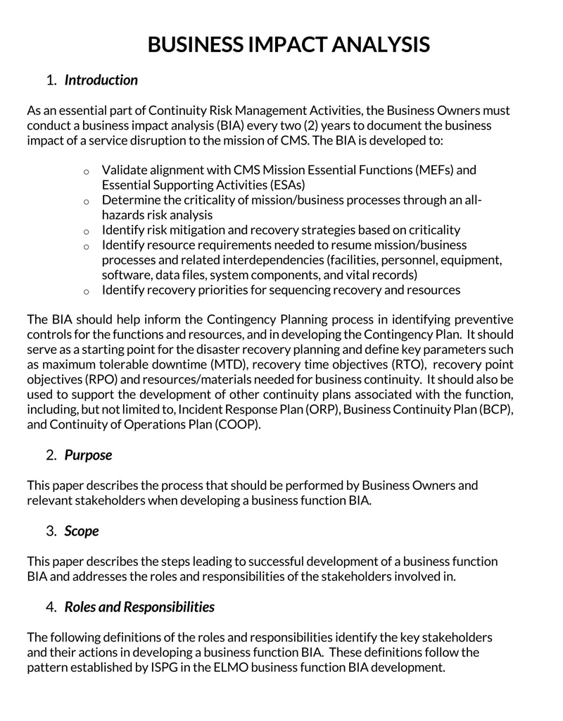 Best Printable Business Impact Analysis for Risk Management Activities Template as Word Document